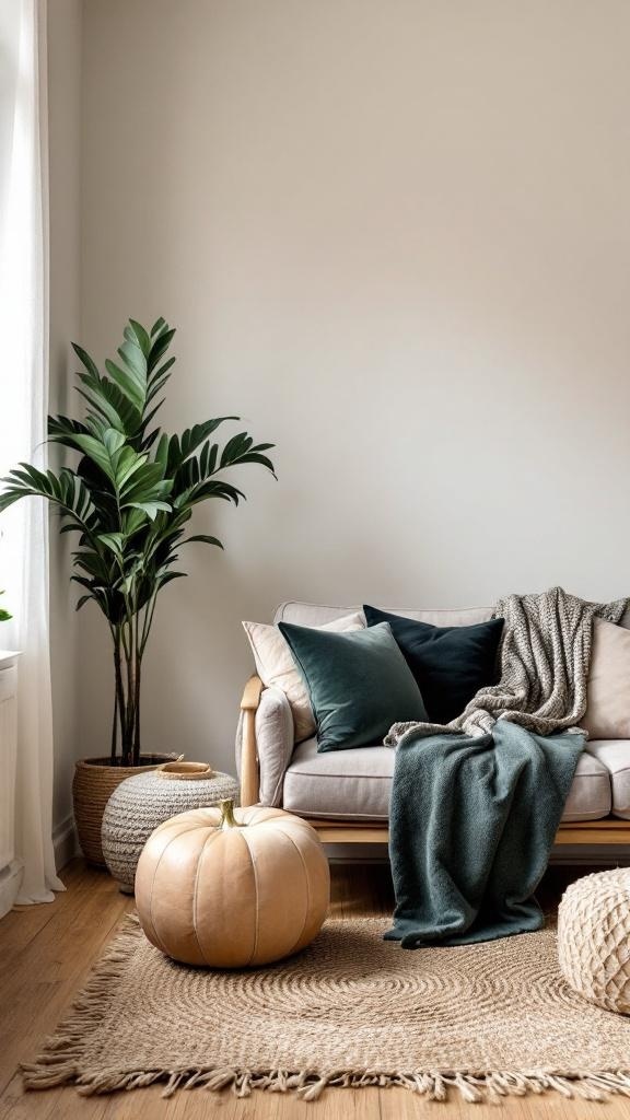 Cozy small living room with layered textures, featuring a neutral sofa, throw blankets, decorative pillows, and a potted plant.