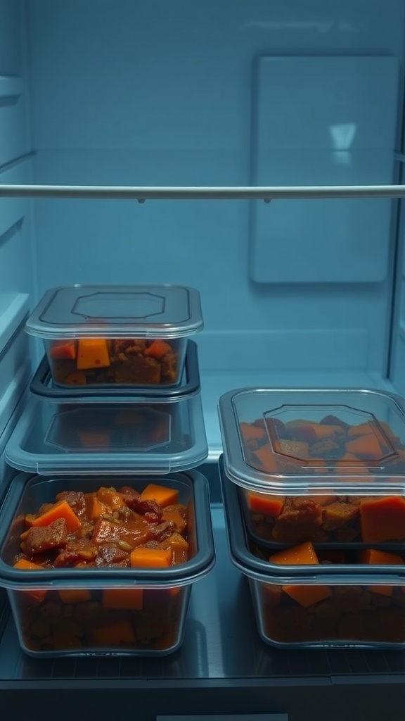 Containers of leftover beef stew in a refrigerator.