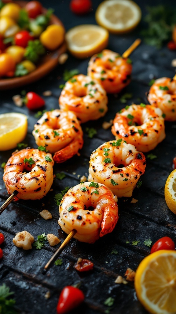 Delicious lemon garlic shrimp skewers on a dark background, garnished with herbs and lemon slices.