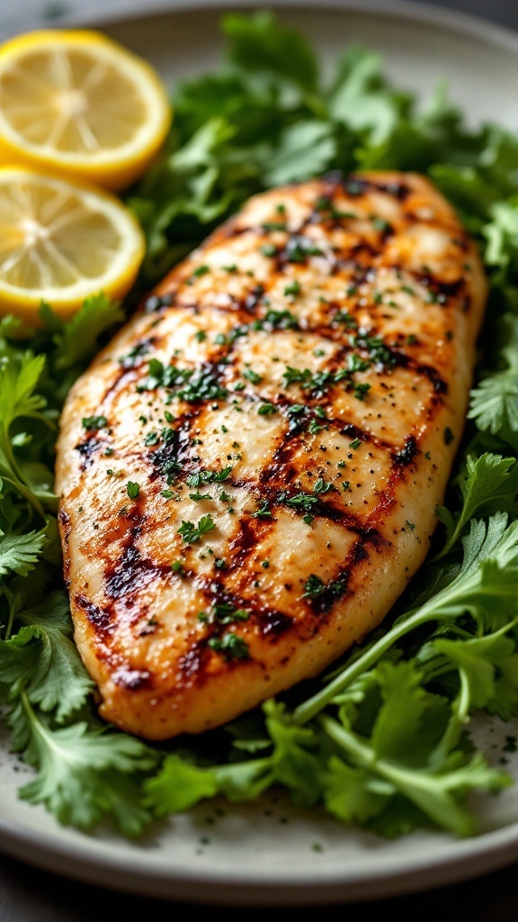 Lemon Herb Grilled Chicken served with lemon slices and fresh herbs