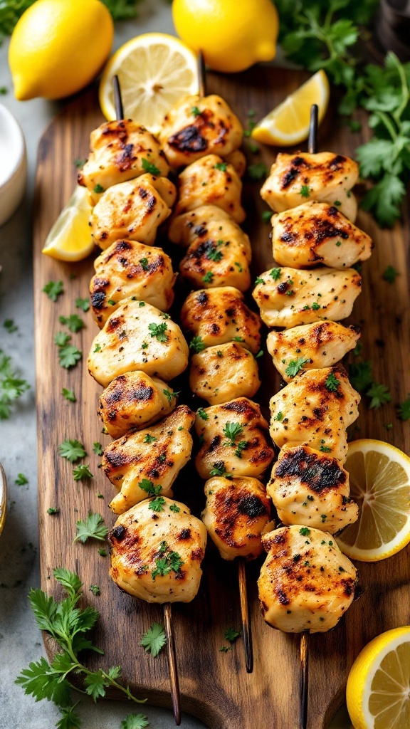 Lemon Herb Grilled Chicken Skewers on a wooden board with fresh herbs and lemon slices.