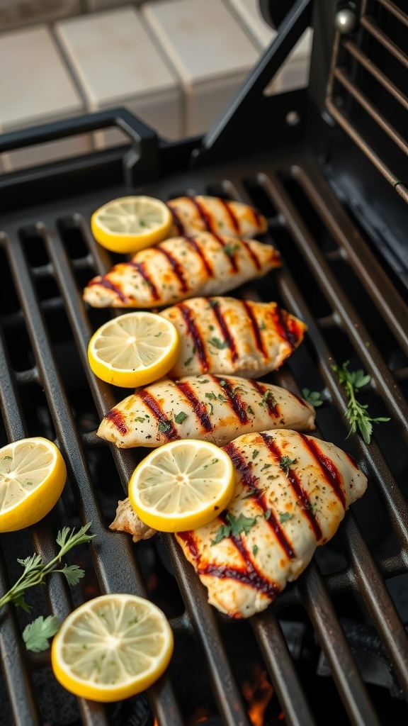 Grilled chicken tenderloins with lemon slices and herbs on a grill