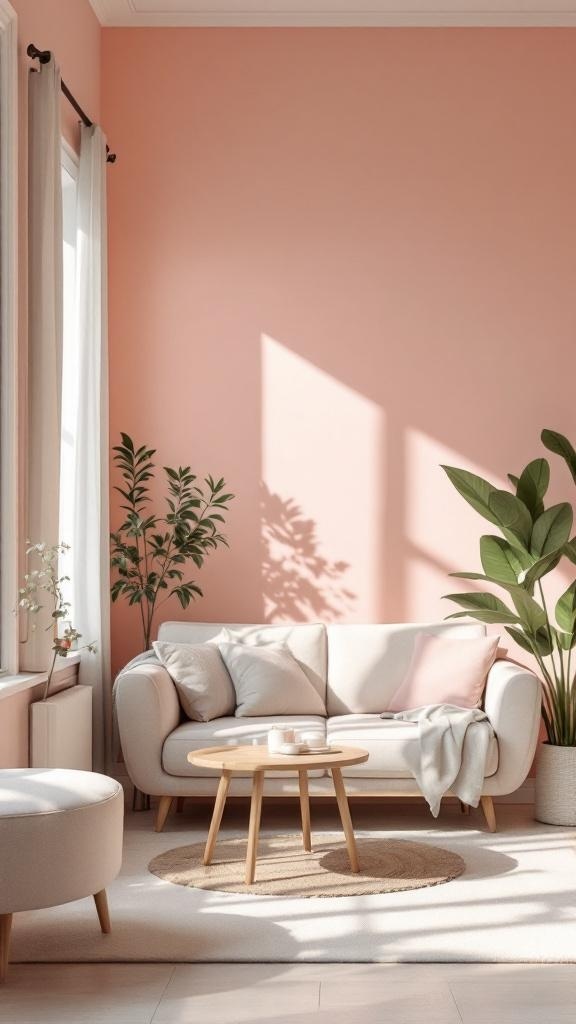 A small living room with light pink walls, a cozy sofa, and indoor plants.