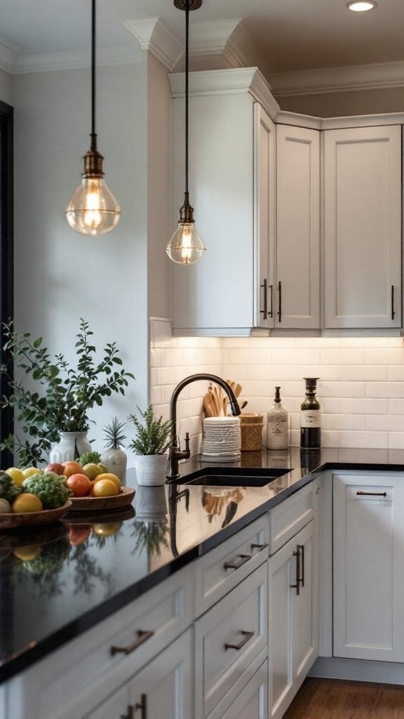 Stylish kitchen with black countertops and white cabinets, featuring pendant lighting.
