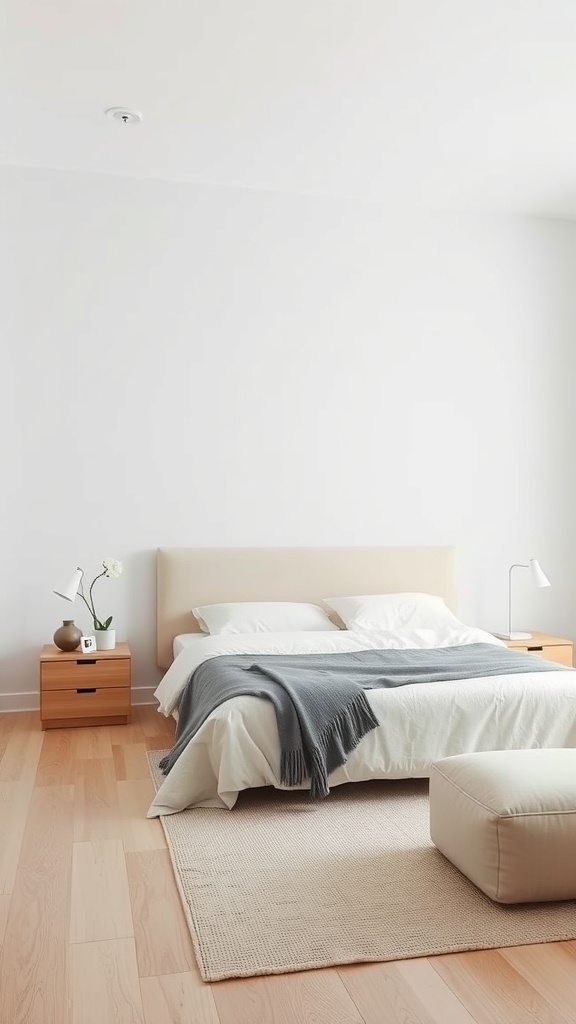 A minimalist bedroom featuring low-profile furniture, including a bed with a low headboard and matching nightstands.
