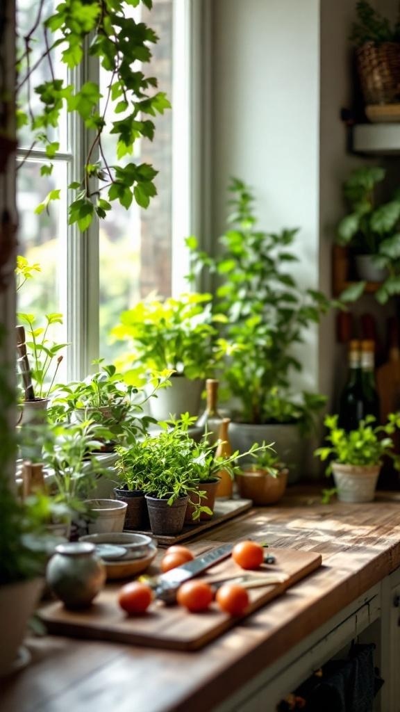 A bright kitchen with a variety of herbs in pots on the windowsill and fresh tomatoes on a wooden cutting board.