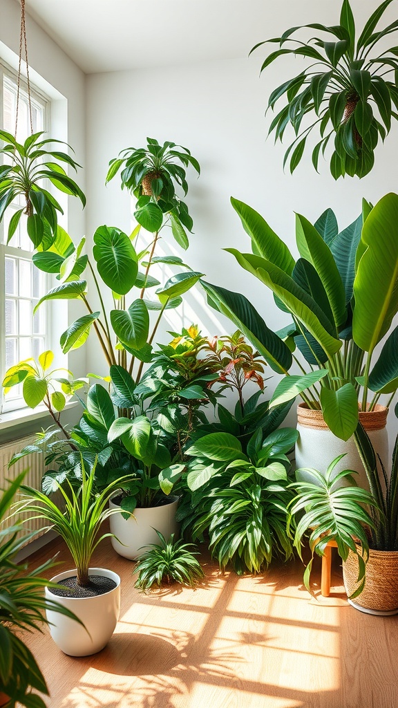A bright living room filled with various indoor plants, showcasing a cozy and inviting atmosphere.