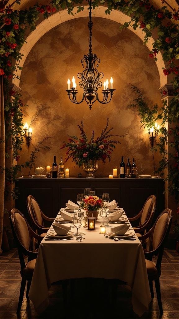 A luxurious Tuscan dining room with a chandelier, elegant table setting, and warm lighting.