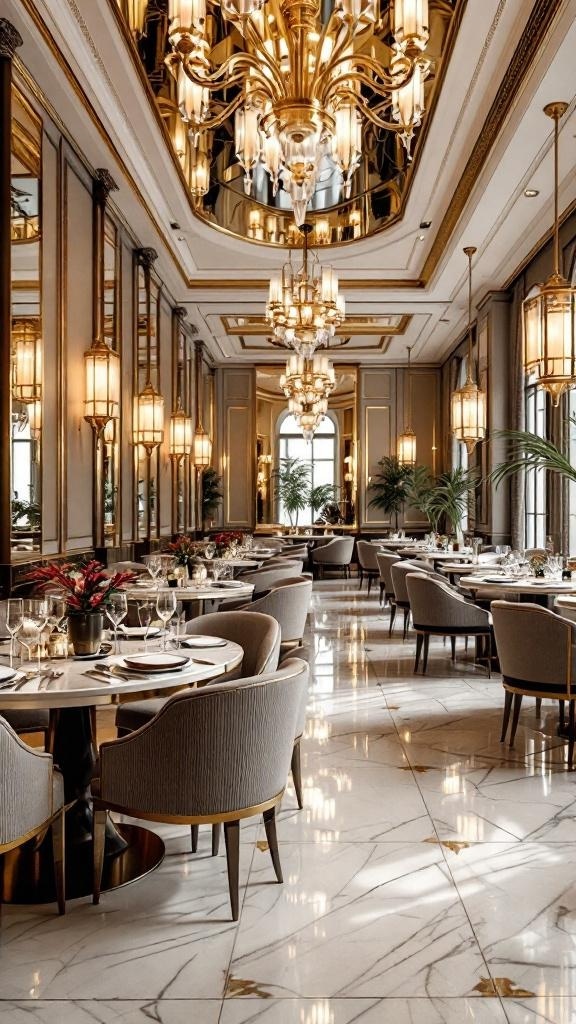 Luxurious dining room with metallic accents, elegant chandeliers, and marble flooring