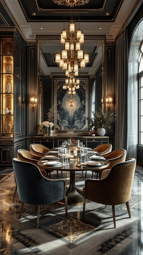 Luxurious dining room with elegant chandelier, plush chairs, and stylish decor