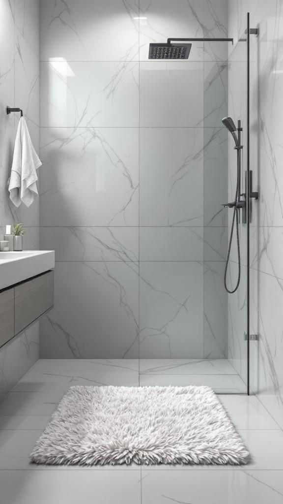 A luxurious fluffy shower mat in a modern bathroom setting