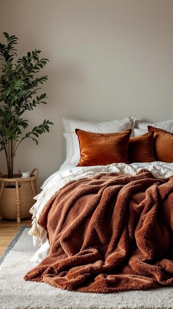 A cozy male bedroom featuring a plush rust-colored blanket, velvet pillows, and a green plant.
