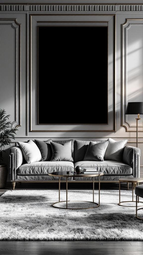 Luxurious grey couch with plush cushions in a stylish living room setting