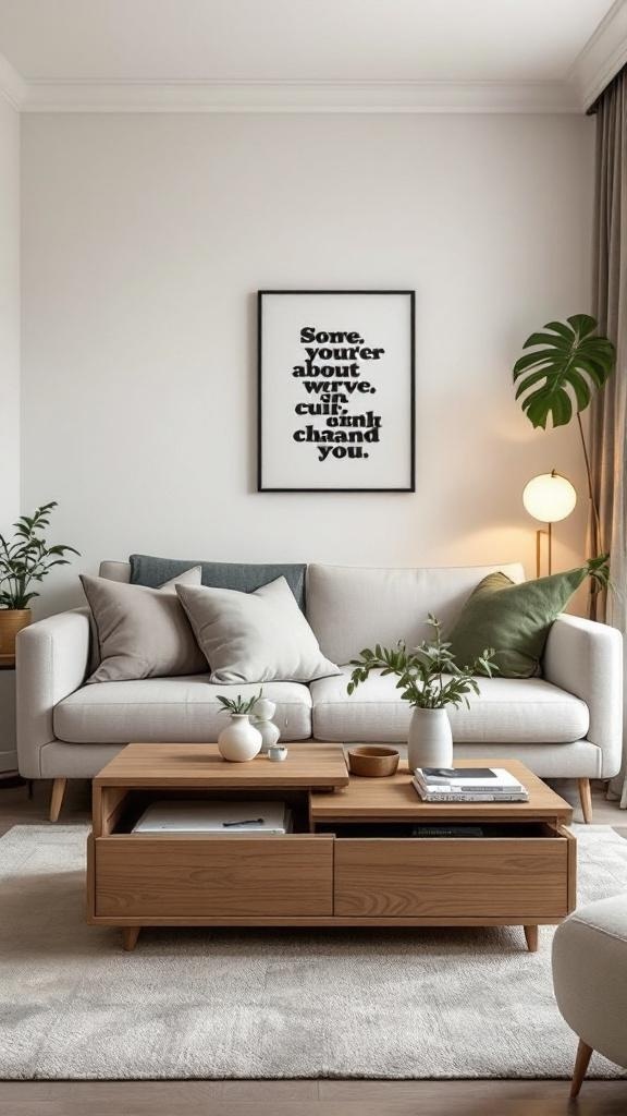 A cozy small living room featuring a light sofa, a multi-functional coffee table with storage, and decorative plants.