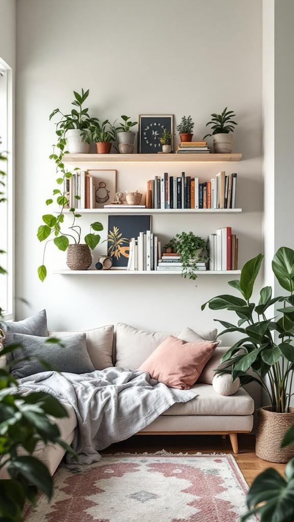 A cozy living space featuring white shelves filled with books and plants, with a comfortable sofa in the foreground.
