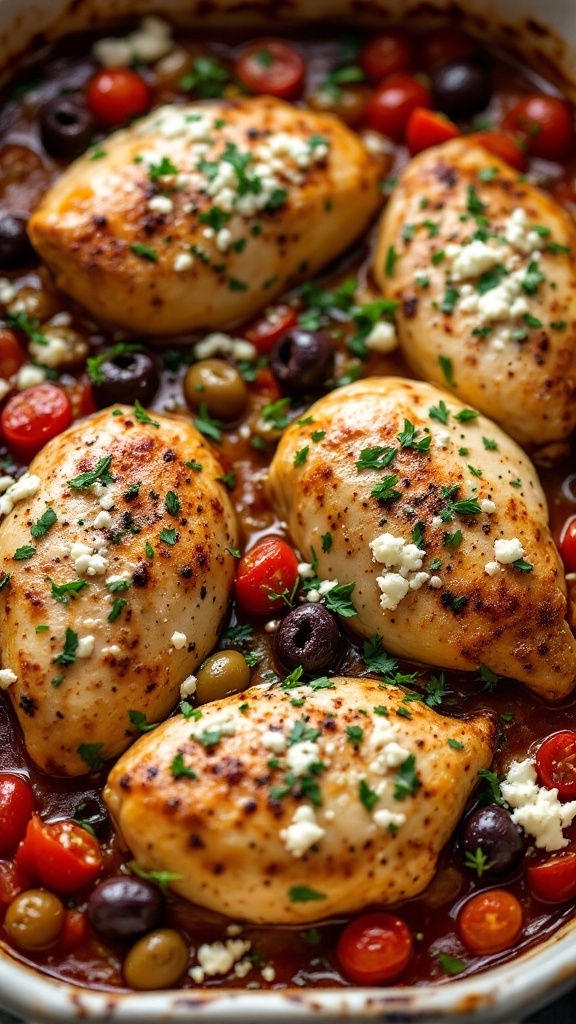 A plate of Mediterranean chicken bake with tomatoes, olives, and feta.
