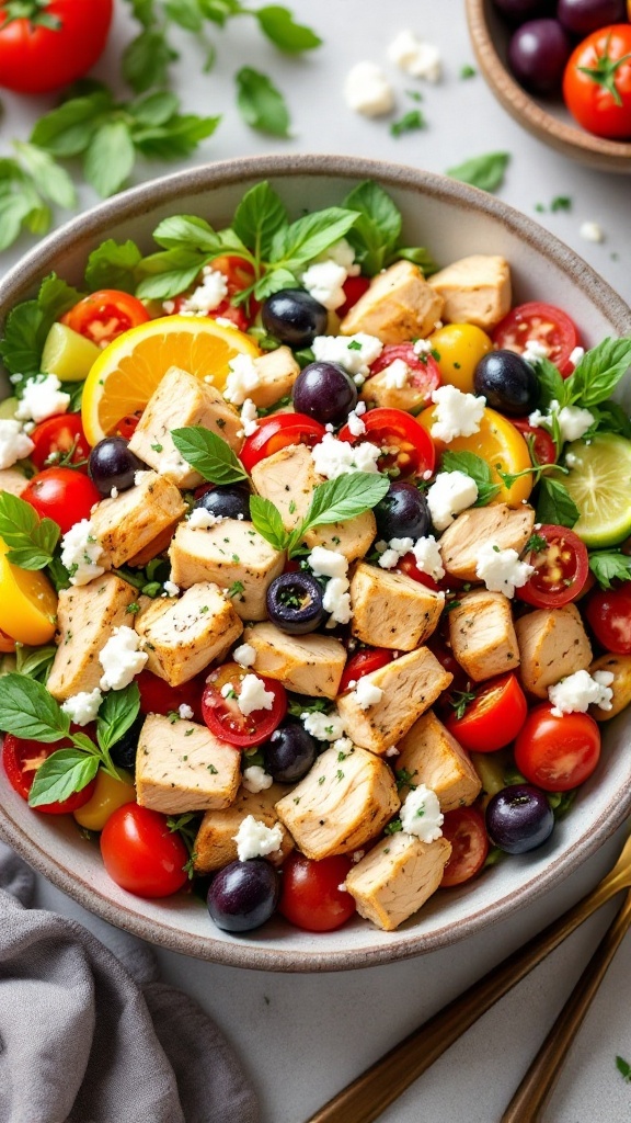 Mediterranean Chicken Salad with grilled chicken, tomatoes, olives, and feta cheese.