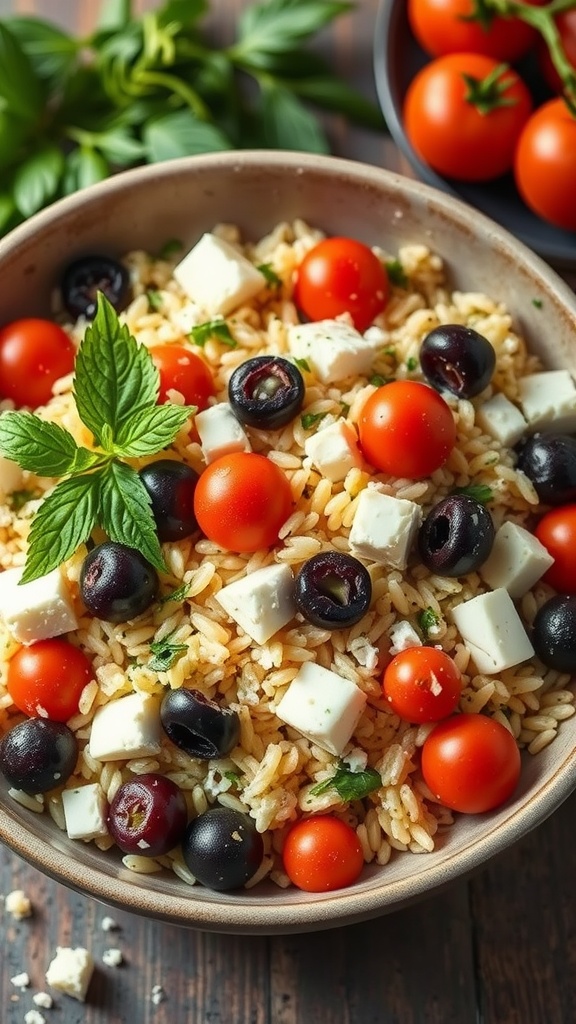 A delicious Mediterranean orzo salad with cherry tomatoes, feta cheese, and olives, garnished with fresh mint leaves.
