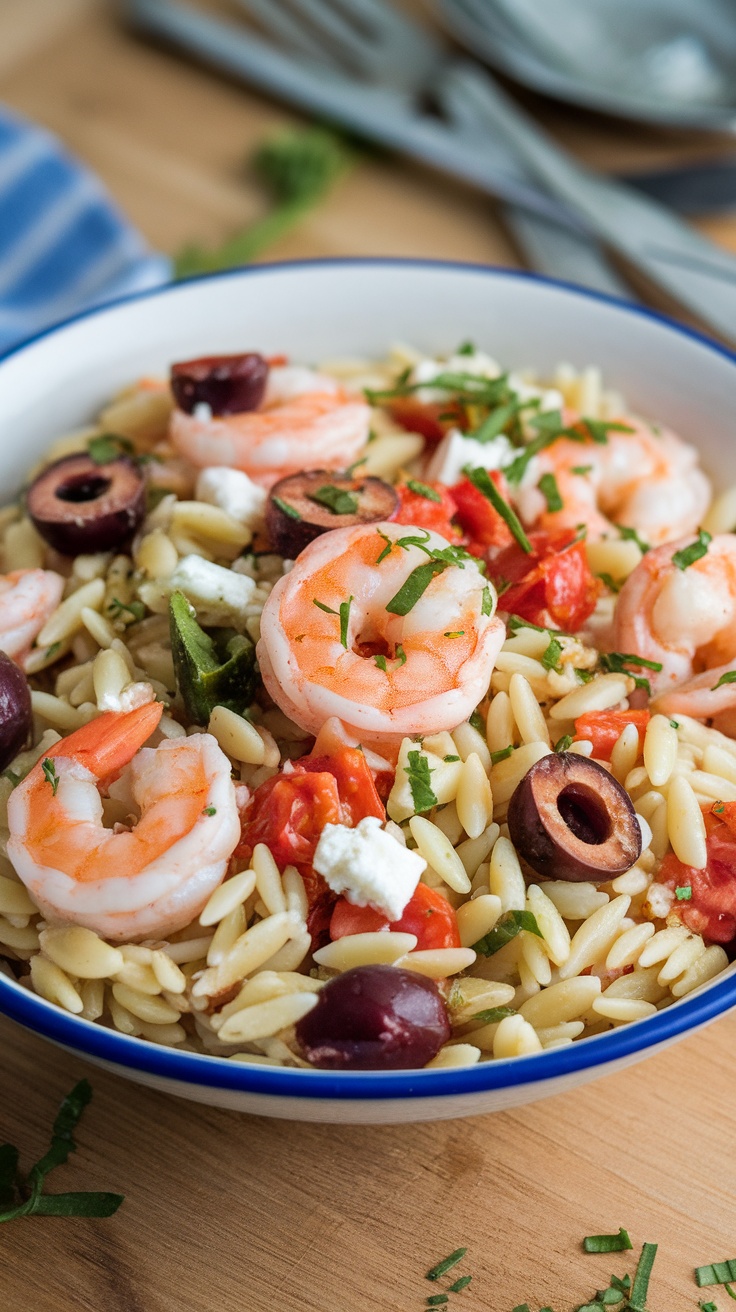 A colorful bowl of Mediterranean shrimp and orzo pasta garnished with parsley and feta cheese.