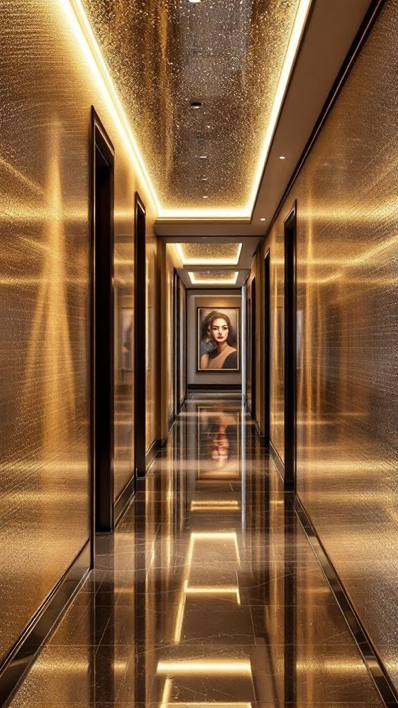 A glamorous hallway with metallic gold wallpaper and soft lighting
