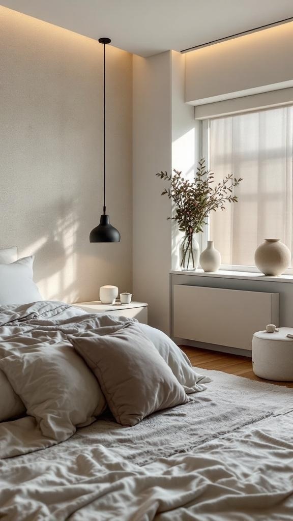 A minimalist bedroom with neutral tones, featuring soft bedding, a black pendant light, and natural decor.