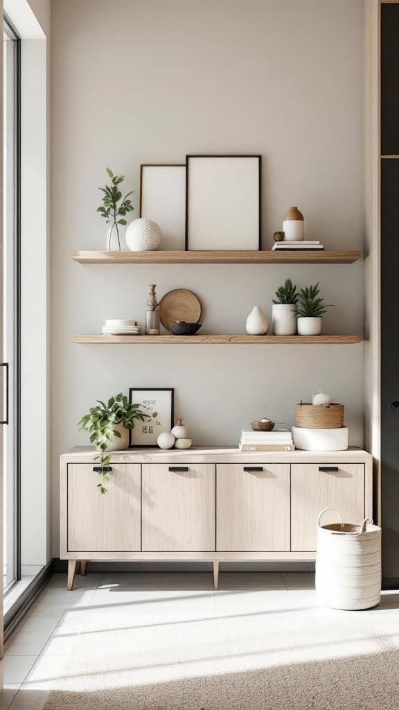 Minimalist entryway featuring floating shelves with decorative items and a wooden console.