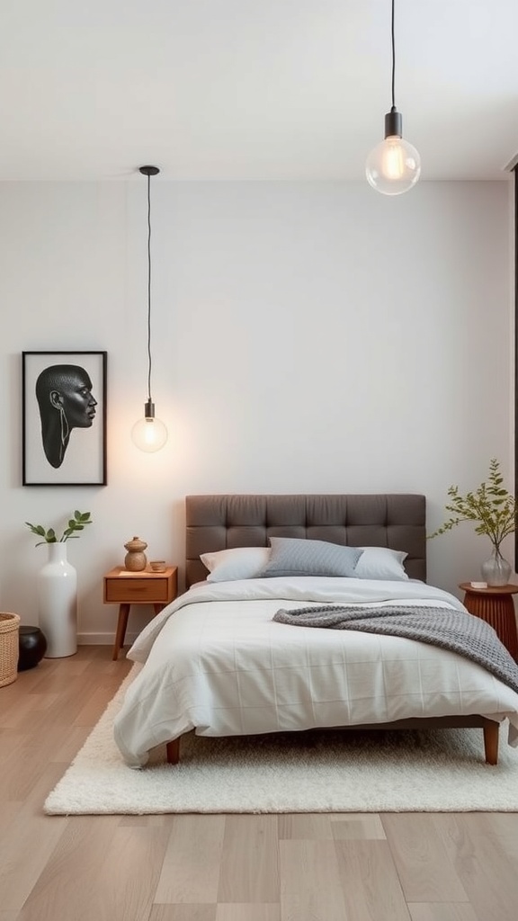 A minimalist bedroom featuring two pendant lights above a bed, with a neutral color palette and simple decor.