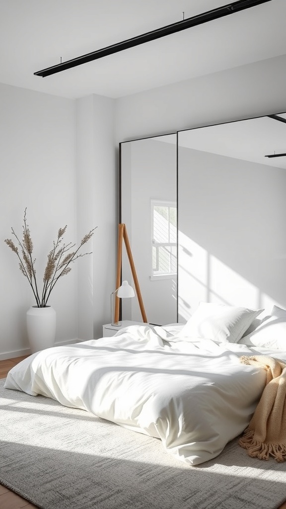 A minimalist bedroom featuring a large mirror, white bedding, and natural light.