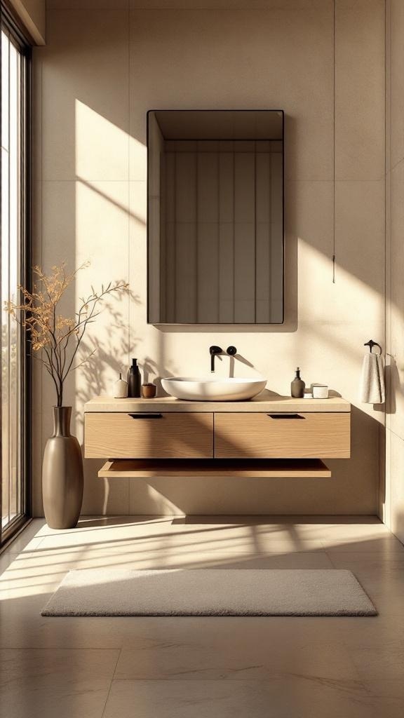 A minimalist wooden vanity in a bright bathroom with natural light, featuring a round basin and decorative elements.