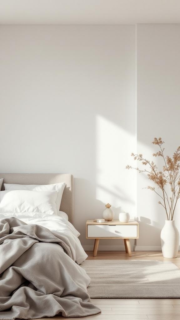A minimalist bedroom with a bed, nightstand, and natural decor, emphasizing a calm and serene atmosphere.