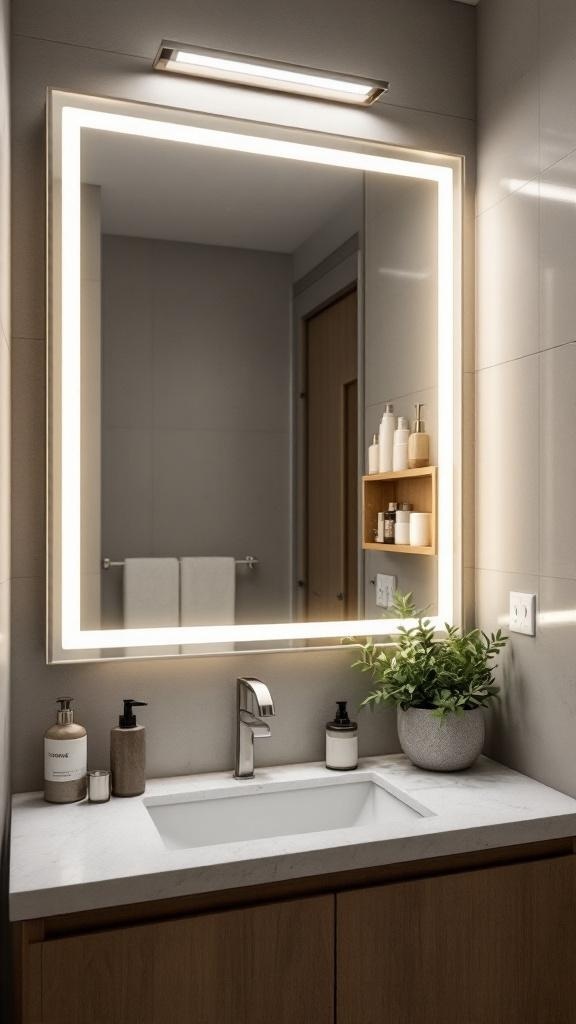 A modern bathroom featuring a mirror with built-in storage and illuminated edges.