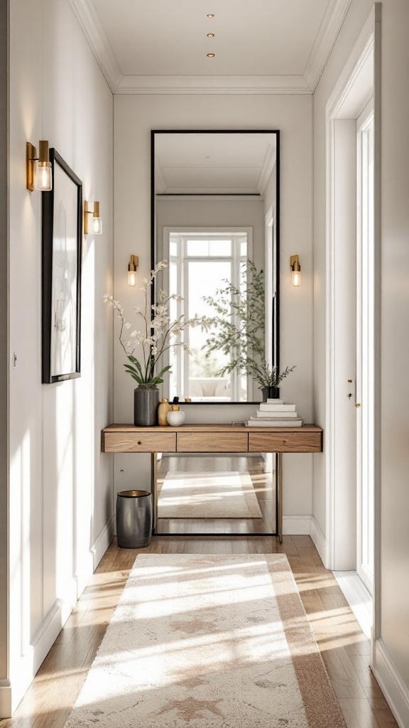 A narrow entryway featuring a large mirrored accent wall, wooden console table, decorative plants, and soft lighting.