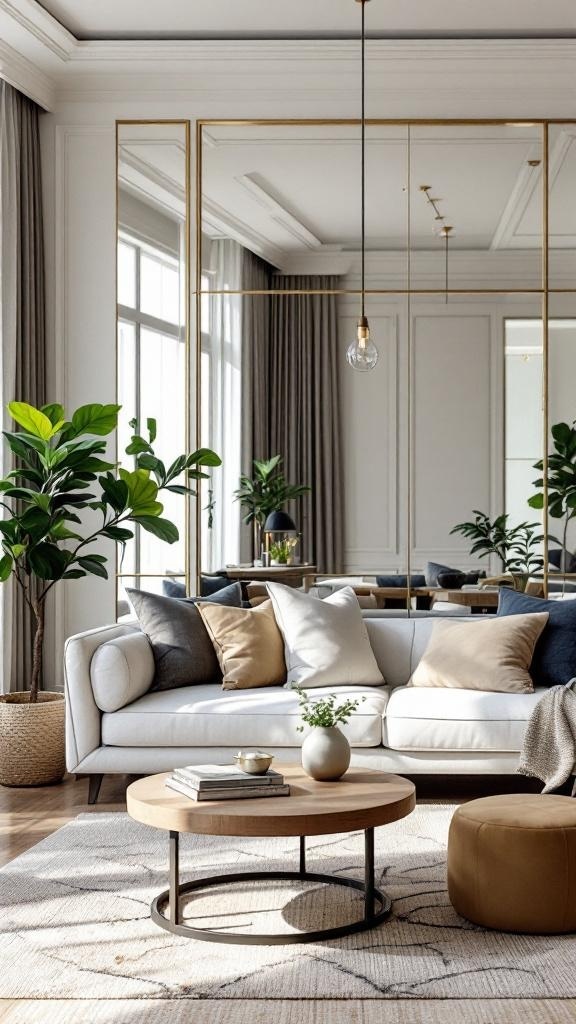 A living room with a large gold-framed mirror accent wall, a white sofa with cushions, and a wooden coffee table.