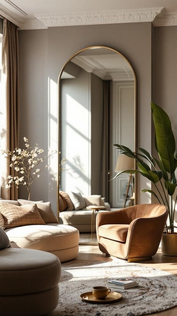 A stylish small living room featuring a large arched mirror, cozy furniture, and natural light.