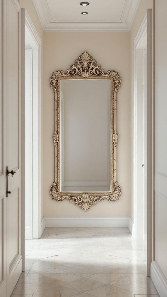A stylish hallway featuring an ornate mirror on the wall, enhancing the depth of the space.