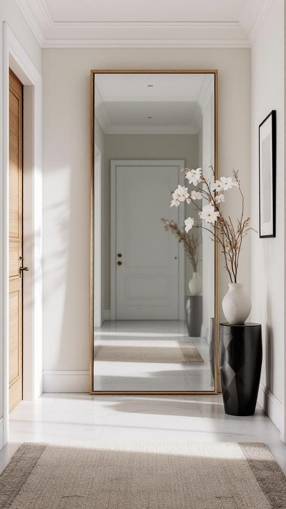 Modern entryway featuring a tall mirror and a vase with flowers