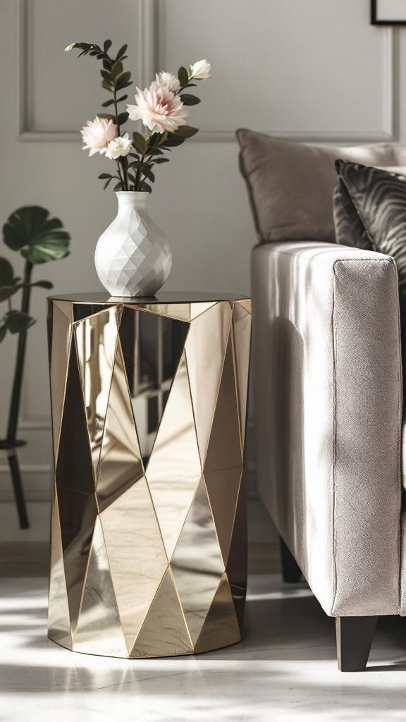 A stylish mirrored side table with a vase of flowers next to a sofa in a living room.