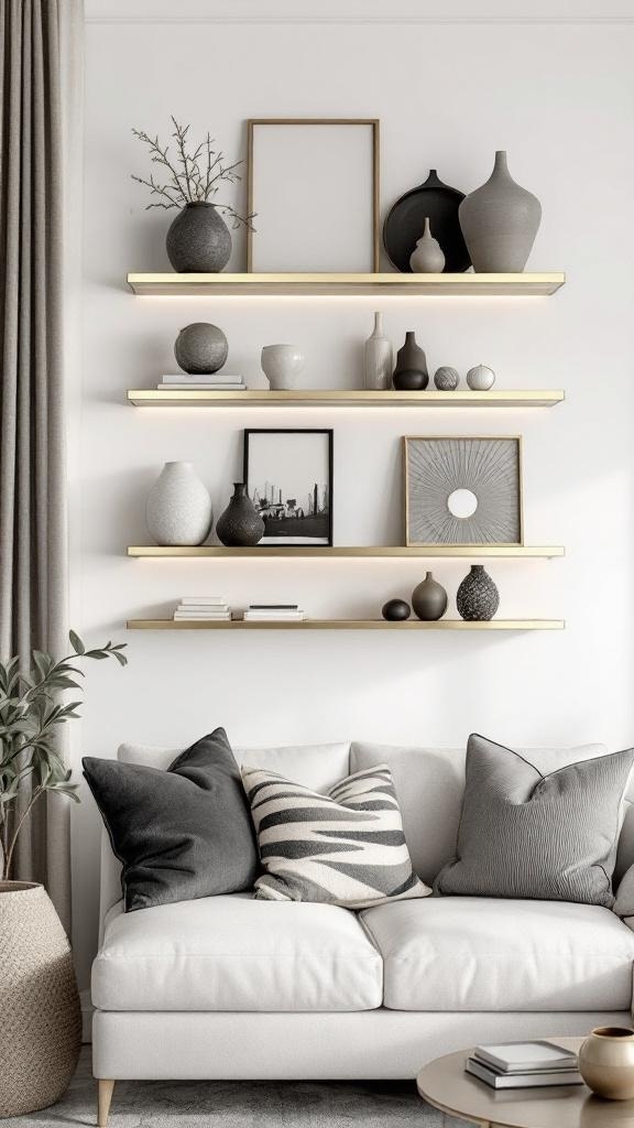 Stylish mirrored shelves with decorative items in a modern living room setting.
