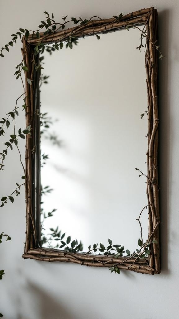 A mirror framed with twigs and greenery, adding a natural touch to a living space.