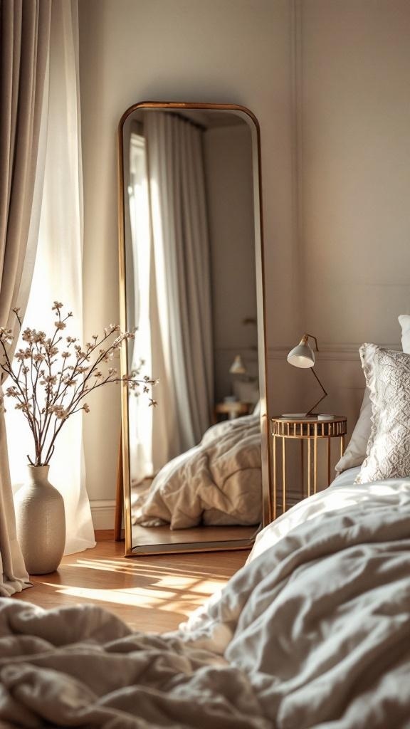 A stylish bedroom featuring a tall mirror, soft bedding, and natural light.