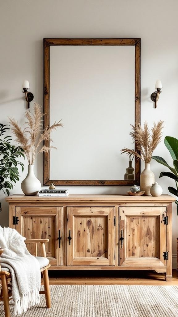 A large wall mirror with a natural wood frame above a wooden console table, featuring decorative vases and plants.