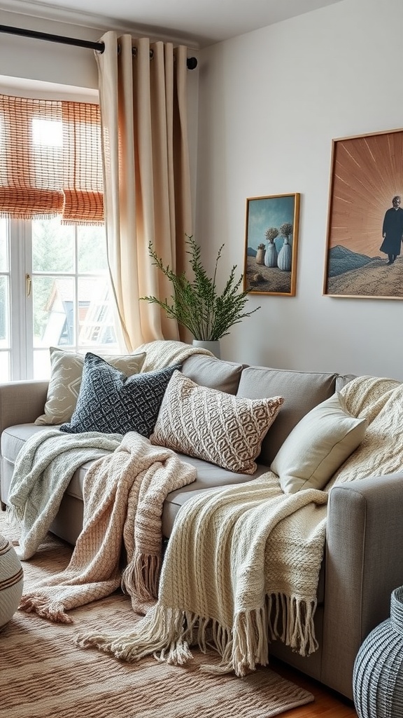 Cozy English cottage living room with a variety of textured pillows and throws on a sofa.
