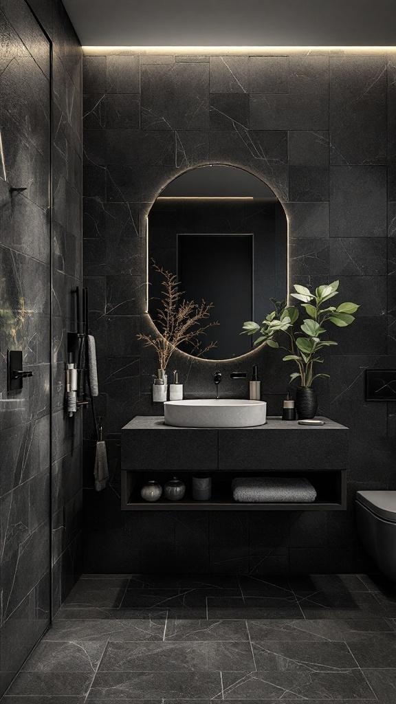 A modern dark bathroom featuring mixed materials, including stone tiles, a sleek vanity, and plants.
