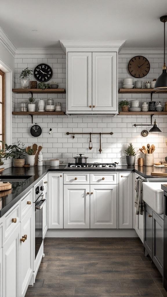 Stylish kitchen featuring black countertops, white cabinets, and vintage decor elements.