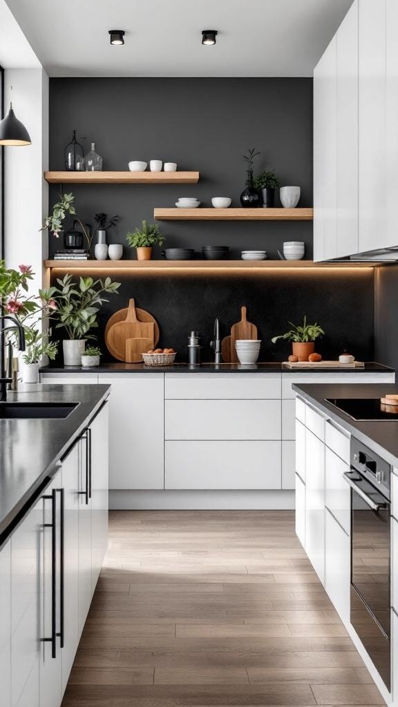 A modern kitchen featuring black countertops, white cabinets, and open wooden shelves with plants and kitchenware.
