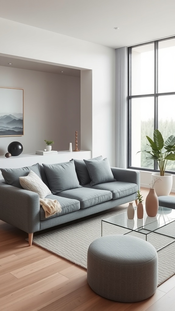 Modern minimalist living room featuring a grey couch, large windows, and plants.