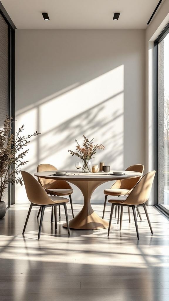 A modern minimalist dining room featuring a round table, beige chairs, and a vase with flowers, illuminated by natural light.