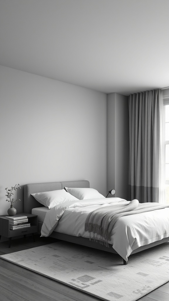 A minimalist bedroom featuring a monochromatic color scheme with shades of gray and white.