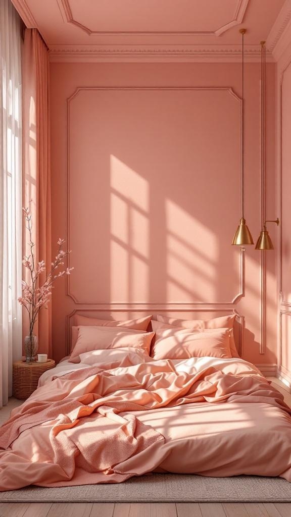A modern bedroom featuring a monochromatic peach color scheme with soft bedding and elegant lighting.