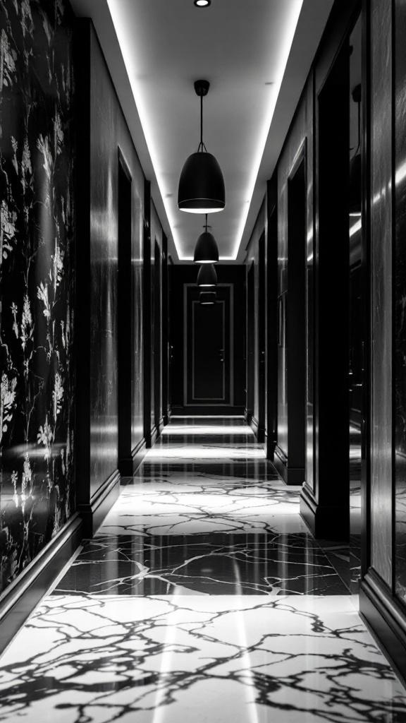 A stylish monochrome hallway with dark floral wallpaper and elegant lighting.